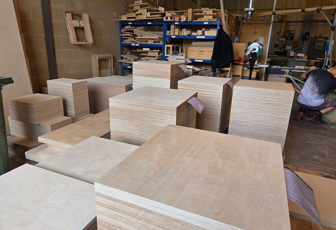 Baltic Birch plywood sheets being graded and inspected at the Sarivale workshop in Calne